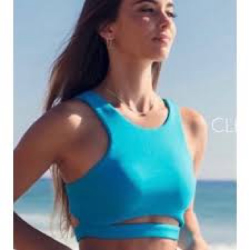 Cleo Harper small sports bra aqua blue cutout women’s athletic padded